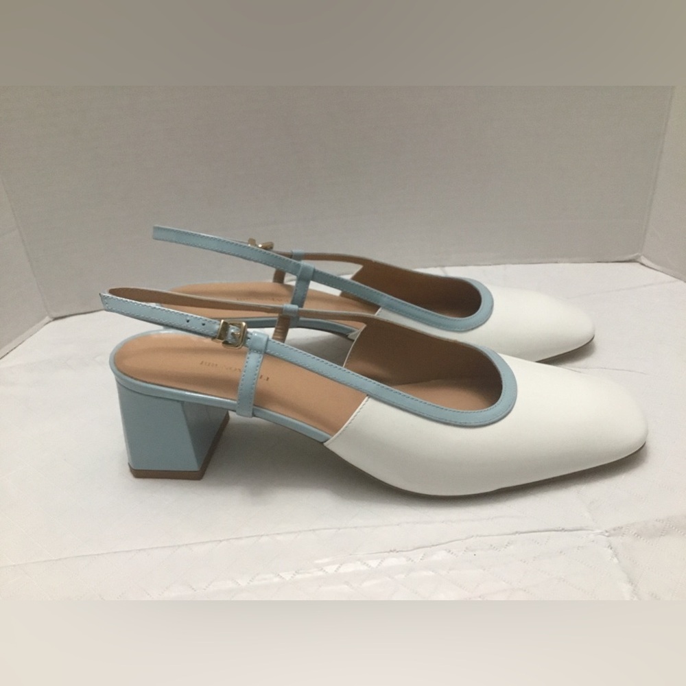 Bruno Magli White and Light Blue Mary Jane Block Heel Pumps